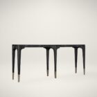Long black wood console table with sculpted legs and metallic foot caps, finished in a Shou Sugi Ban burnished texture