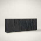 Charred black entertainment console with vertically stacked wood texture and subtle metallic base, inspired by the Shou Sugi Ban technique.