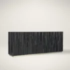 Charred black entertainment console with vertically stacked wood texture and subtle metallic base, inspired by the Shou Sugi Ban technique.