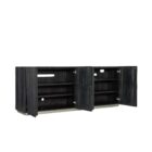 Charred black entertainment console with vertically stacked wood texture and subtle metallic base, inspired by the Shou Sugi Ban technique.