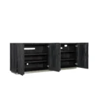 Charred black entertainment console with vertically stacked wood texture and subtle metallic base, inspired by the Shou Sugi Ban technique.