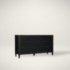 Black six-drawer dresser with brass knobs and lightly distressed finish.