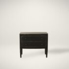 Black distressed wood two-drawer nightstand with tapered legs and rounded drawer fronts.