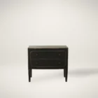 Black distressed wood two-drawer nightstand with tapered legs and rounded drawer fronts.