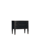 Black distressed wood two-drawer nightstand with tapered legs and rounded drawer fronts.