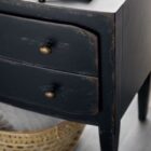 Black distressed wood two-drawer nightstand with tapered legs and rounded drawer fronts.
