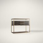 Modern wood and metal nightstand with glass top and two drawers.