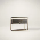 Modern wood and metal nightstand with glass top and two drawers.