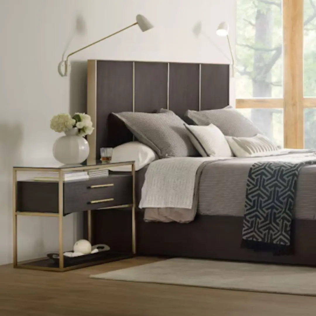 Modern wood and metal nightstand with glass top and two drawers.