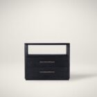 Black two-drawer nightstand with open shelf and textured wood grain.