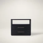 Black two-drawer nightstand with open shelf and textured wood grain.