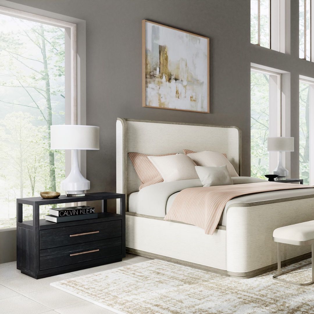 Black two-drawer nightstand with open shelf and textured wood grain.