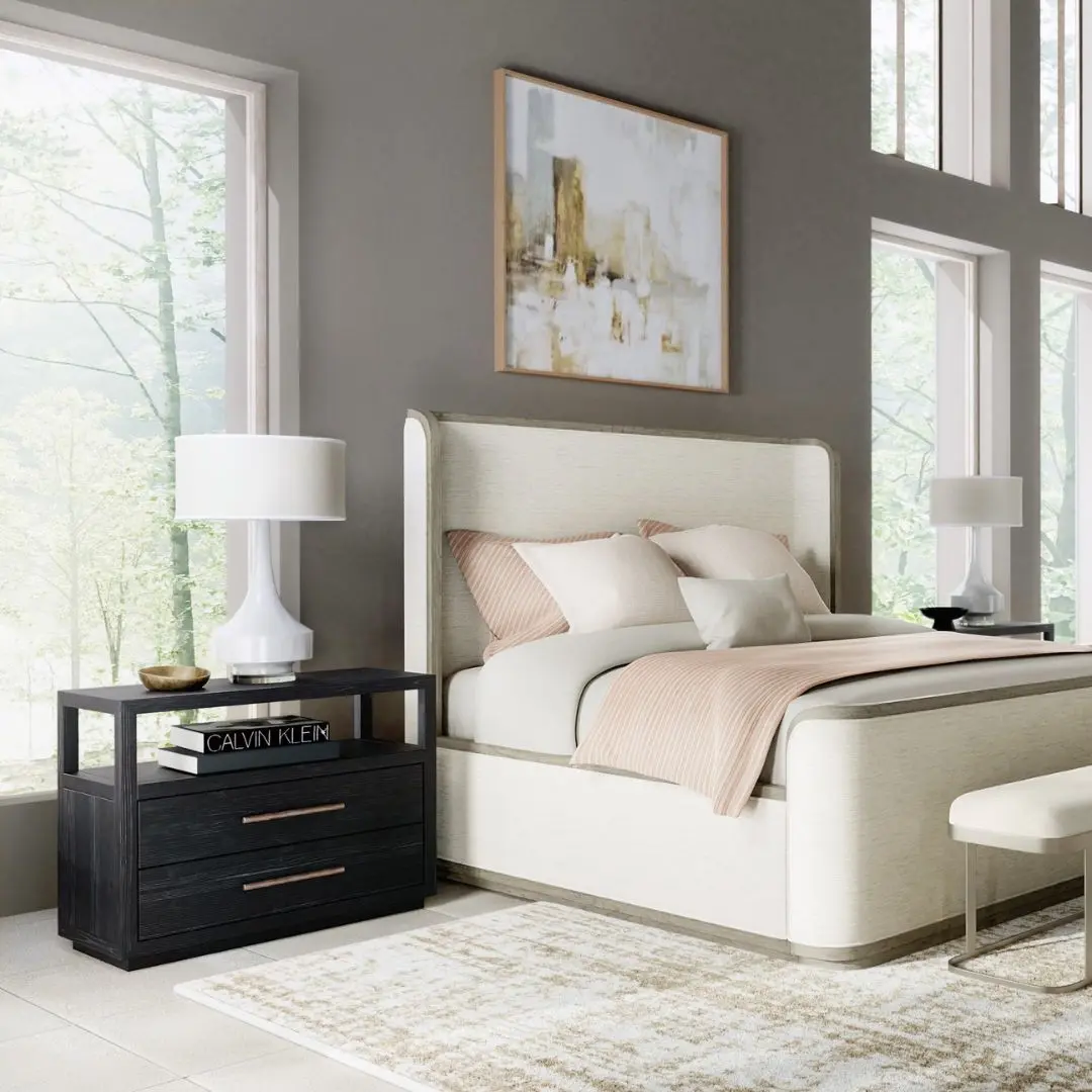 Black two-drawer nightstand with open shelf and textured wood grain.