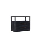 Black two-drawer nightstand with open shelf and textured wood grain.