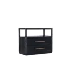 Black two-drawer nightstand with open shelf and textured wood grain.