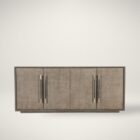 Dark wood entertainment console with four doors and vertical metallic handles, showcasing a modern and refined silhouette.