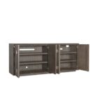 Dark wood entertainment console with four doors and vertical metallic handles, showcasing a modern and refined silhouette.