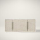 Light wood entertainment console with four panel doors, oversized vertical pulls, and a sleek, minimalist silhouette.