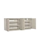 Light wood entertainment console with four panel doors, oversized vertical pulls, and a sleek, minimalist silhouette.