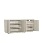 Light wood entertainment console with four panel doors, oversized vertical pulls, and a sleek, minimalist silhouette.