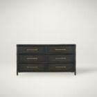 Dark wood six-drawer dresser with brass hardware and rounded frame details.