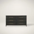 Dark wood six-drawer dresser with brass hardware and rounded frame details.
