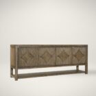 Wooden entertainment console featuring diamond-patterned door fronts crafted from natural rattan in a rustic finish.