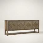 Wooden entertainment console featuring diamond-patterned door fronts crafted from natural rattan in a rustic finish.