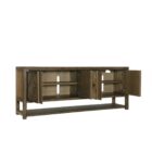 Wooden entertainment console featuring diamond-patterned door fronts crafted from natural rattan in a rustic finish.