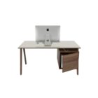 Modern walnut and cream office desk with slim legs and integrated storage drawers