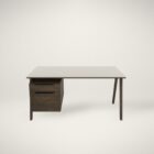 Minimalist birch wood desk with cream top and integrated drawer unit on the left side.