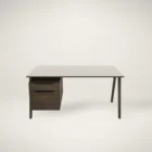 Minimalist birch wood desk with cream top and integrated drawer unit on the left side.
