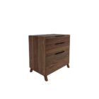 Three-drawer walnut wood cabinet with minimalist silhouette and integrated pulls.