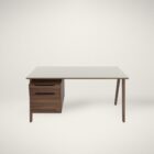 Modern walnut and cream office desk with slim legs and integrated storage drawers