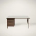 Modern walnut and cream office desk with slim legs and integrated storage drawers