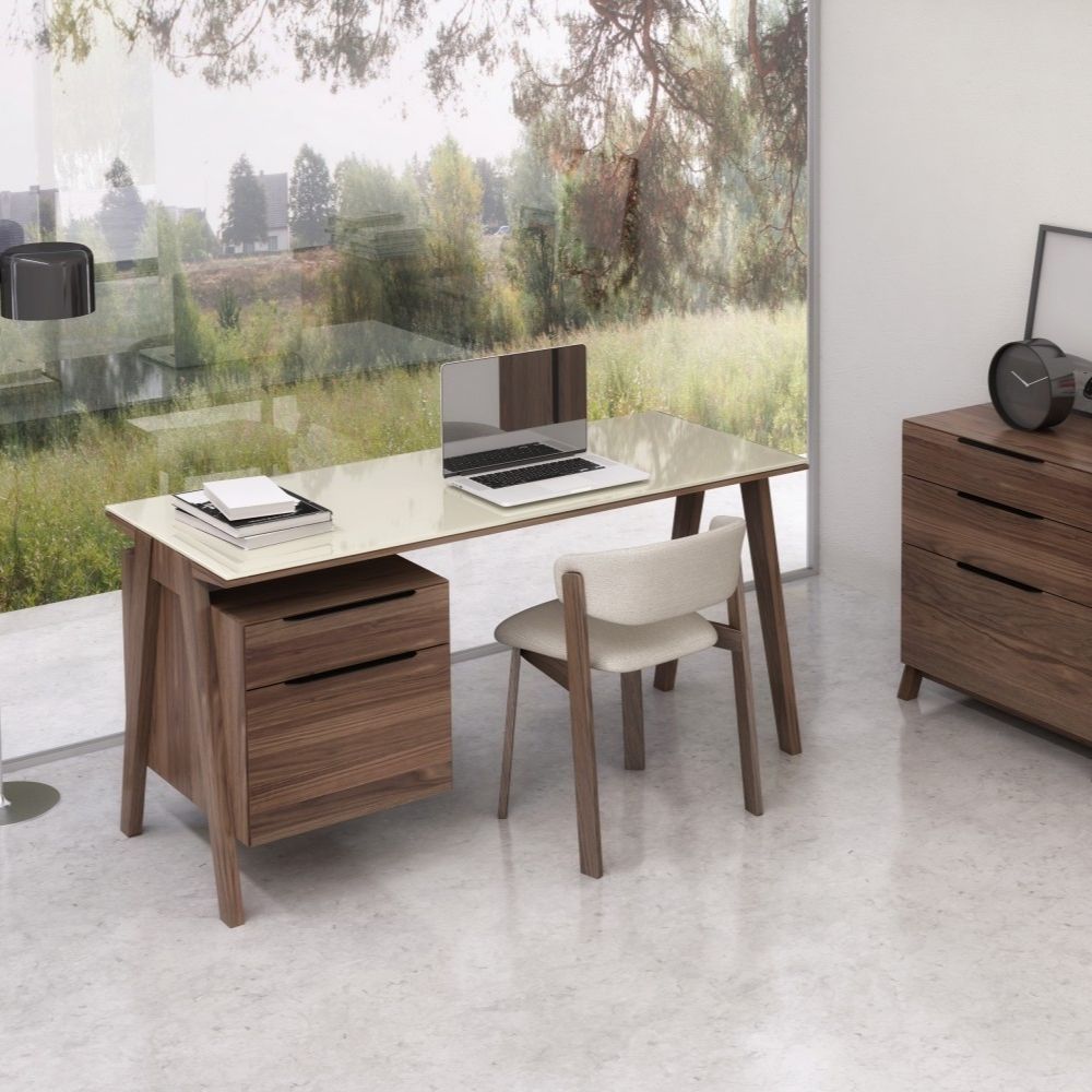 Modern walnut and cream office desk with slim legs and integrated storage drawers