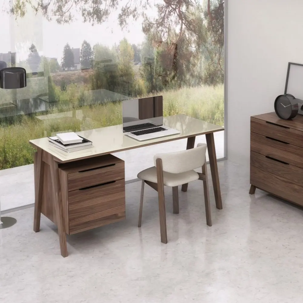 Modern walnut and cream office desk with slim legs and integrated storage drawers