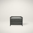 Modern two-drawer nightstand with marble top and dark wood finish.