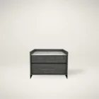Modern two-drawer nightstand with marble top and dark wood finish.