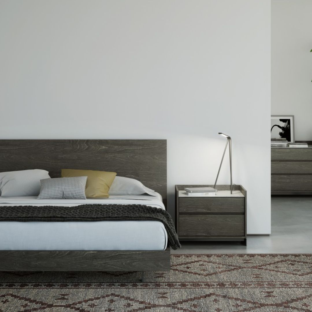 Modern two-drawer nightstand with marble top and dark wood finish.