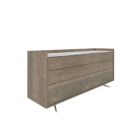 Modern wood dresser with three wide drawers and a white marble top.