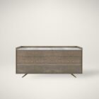 Modern wood dresser with three wide drawers and a white marble top.