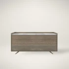 Modern wood dresser with three wide drawers and a white marble top.