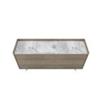 Modern wood dresser with three wide drawers and a white marble top.