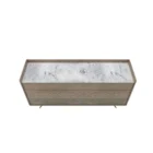 Modern wood dresser with three wide drawers and a white marble top.