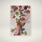 Stylized portrait of a woman with her face partially obscured by an abstract floral arrangement in bold, vibrant colors.