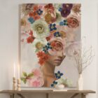 Stylized portrait of a woman with her face partially obscured by an abstract floral arrangement in bold, vibrant colors.