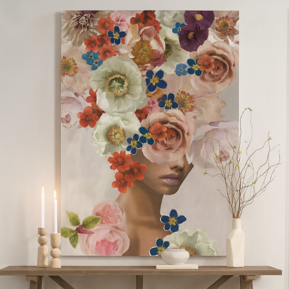 Stylized portrait of a woman with her face partially obscured by an abstract floral arrangement in bold, vibrant colors.
