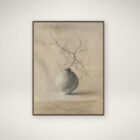 Minimalist painting of a round ceramic vase with a bare, twisting branch against a soft, neutral-toned background.