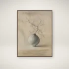 Minimalist painting of a round ceramic vase with a bare, twisting branch against a soft, neutral-toned background.